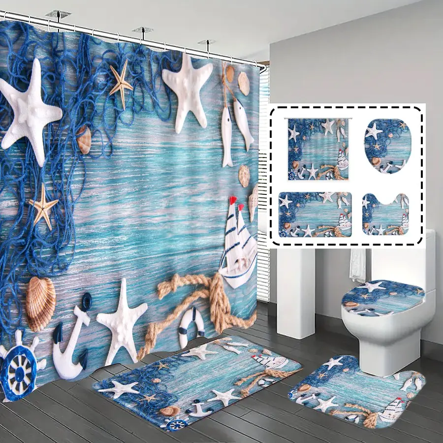 [Popular Choice]1pc/4pcs, bathroom curtains shower, bathroom set, printed shower curtain, shower curtains, bathroom decor,bathroom rug, home decoration, bathroom mat, starfish and wood pattern, marine theme decoration, bathroom set, with 12 hooks.