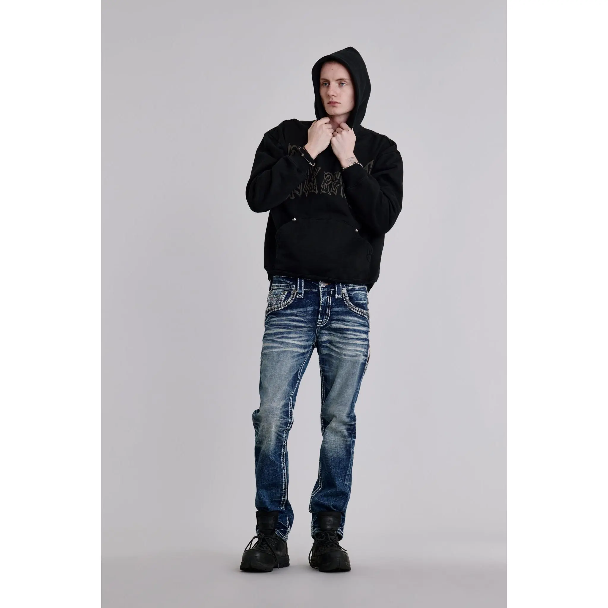 Rock Revival Men's Mckay Straight Leg Jeans - Medium Wash Stretch Denim, Signature Embroidery, Leather Waist Patch, Casual Wear, Menswear Clothes, Leather Patch, Embellished Men's Jeans