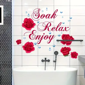 A set of two Valentine's Day red rose English "relax" home decorative wall stickers for bathroom and toilet, self-adhesive bathtub stickers, Bathroom Decorations