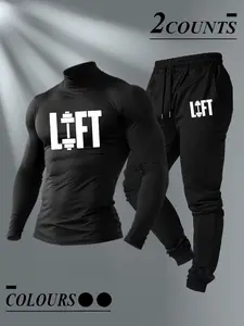 Men's 2-Piece Gym Tracksuit Set - High Neck Long Sleeve Shirt & Jogger Pants, "LIFT" Graphic Workout Outfit for Bodybuilding, Weightlifting, Running | Gym Bro Fitness Apparel, Gym Sweatwear, athletic wear, Tracksuit Sweat Suits, Gymwear