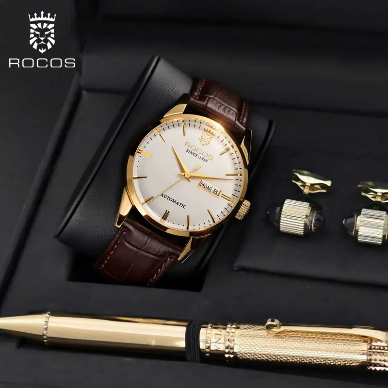 ROCOSJEWE Men's 40mm Luxury Fully Automatic Metal Mechanical Watch - Minimalist Elegant, 3ATM Splash-Proof, Strap-Style Wristwatch with Bamboo Grain Strap, Mineral Glass, Casual Design, Metal Mechanical Watches, Splash-Proof Mechanical Watches
