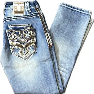 RR#2 Denim Jeans with Embroidered Pockets and Distressed Details for a Unique Look - Casual Style with Intricate Embroidery and Rugged Edgy Aesthetic