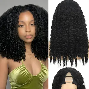 Burmese Curly V Part Wig Invisible Drawstring Human Hair Wig V Part Burmese Curly Wig Human Hair 200% Density Upgrade U Part Wig with Drawstring No Leave Out Glueless V Shape Full Head Clip In Half Wig Curly Human Hair Wig for Black Women Natural Color