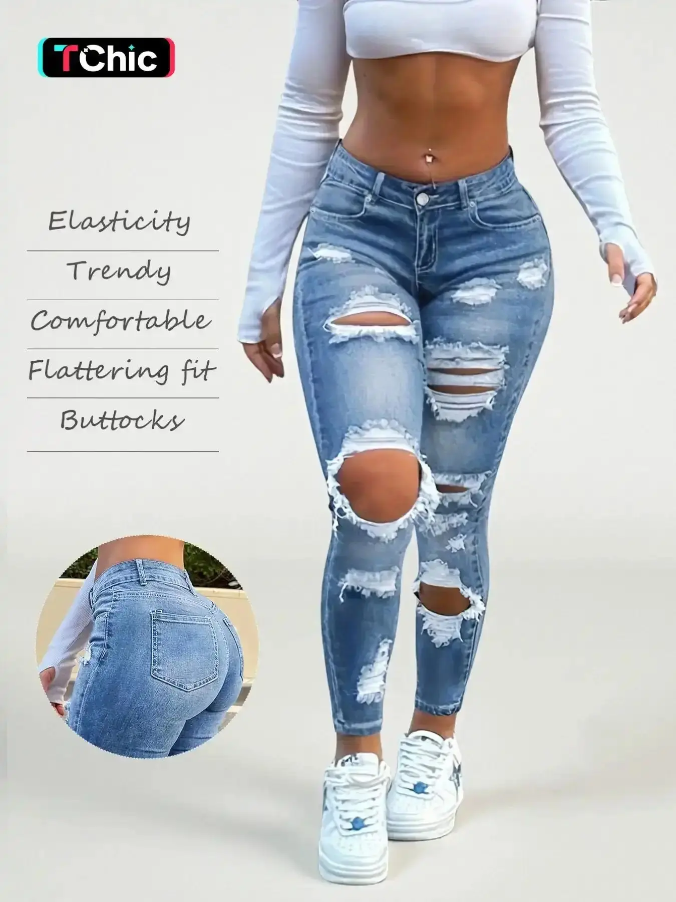 Women's Elastic Ripped Tight Jeans Slim Fit Peach Butt Frayed Edge Skinny Nine-Inch Pants Casual All-Season Denim Bottoms vintage wash everyday essential easy fit modern fit classic denim stretchy denim