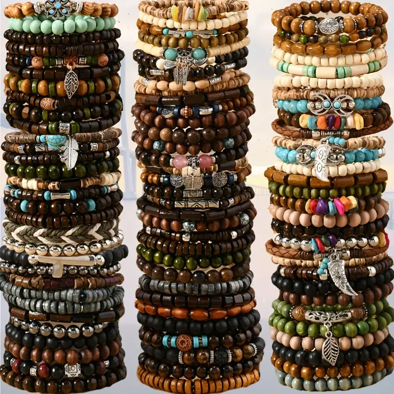 Unisex Handmade Wooden Bead Bracelet Sets - 15/25/35-Piece Mixed Hues Multicolored Stackable Bangle Bracelets, Casual Beaded Jewelry, Christmas Holiday Gift, Craftsmanship, Daily, All Seasons, Jewelry Stack, Wrist Stack, Beaded Bracelets