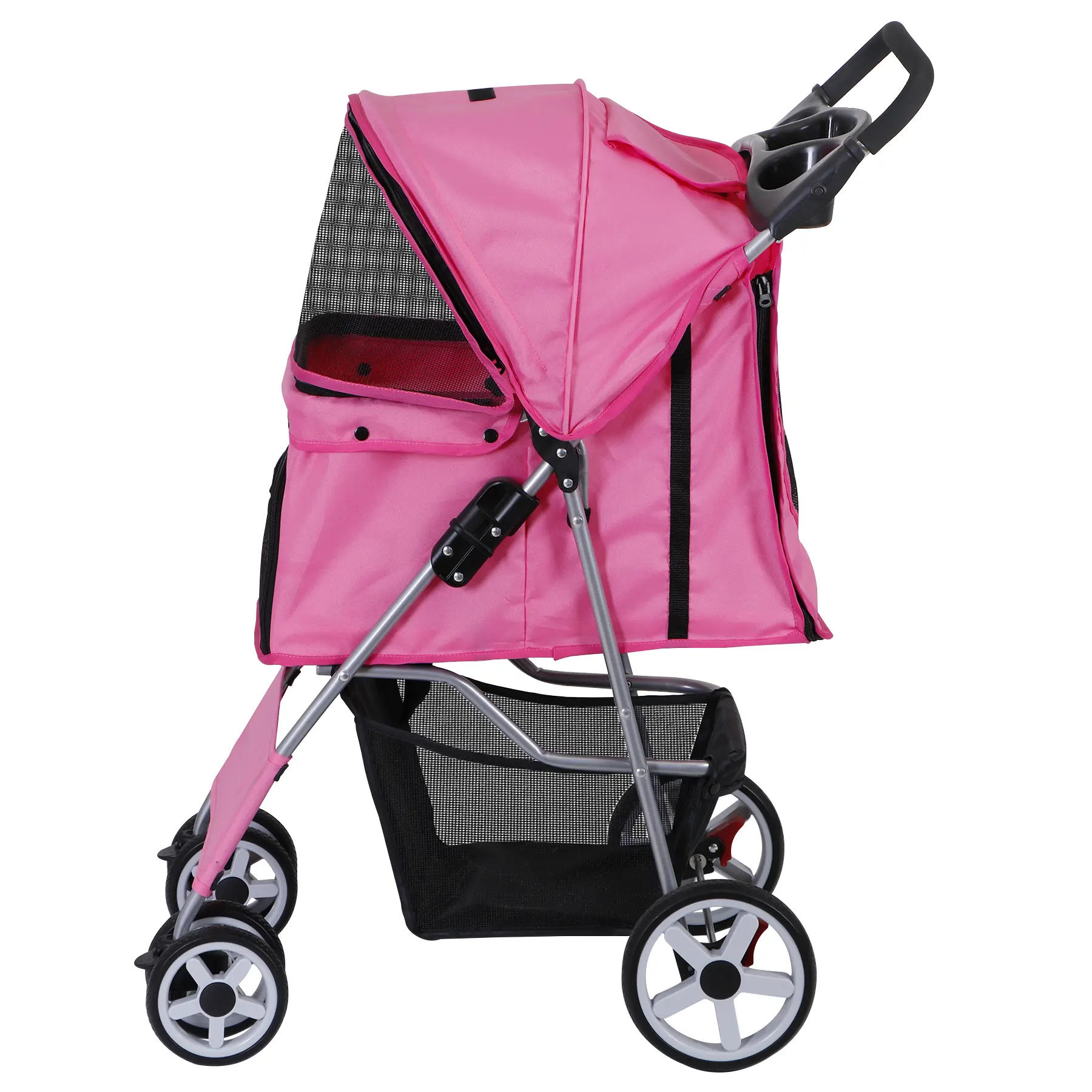 Zeny 4-Wheel Folding Puppy Stroller - Pet Carrier for Cats & Dogs, Outdoor Travel Cart with 360-Degree Rotating Wheels, Storage Basket, Mesh Windows, Stable Design, Pink