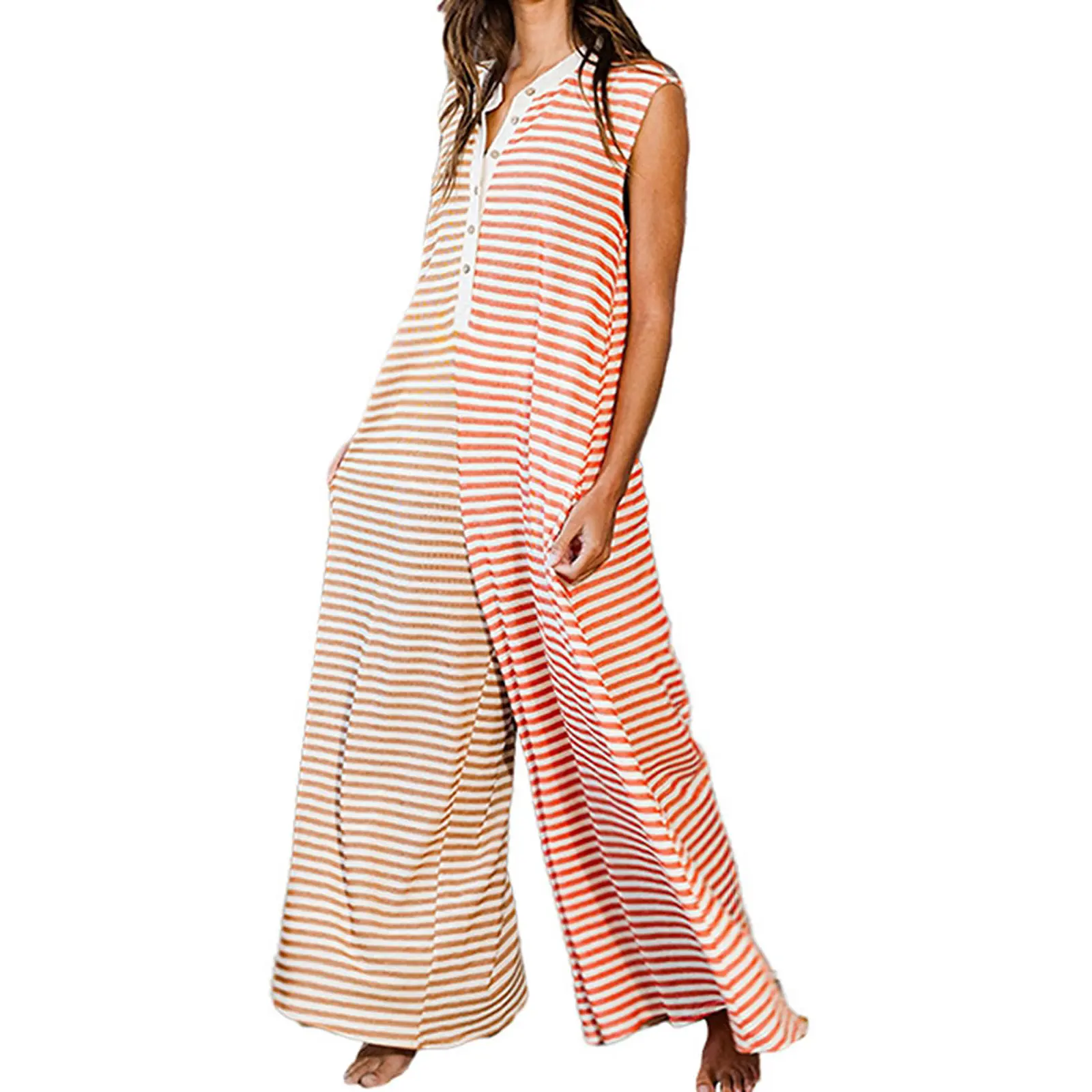 CHARTOU Women's Sleeveless Striped Wide Leg Jumpsuit - Lightweight, Loose, Flowy, Button-Down, Baggy Overalls for Beach, Streetwear, Loungewear, Maternity Casual Clothes, Fit, Bohemian, Dressy, Outfits, Patchwork, Printed