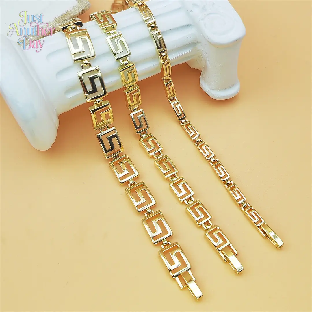 Trendy Greek Key Gold Bracelet Set Geometric Square Link Design Three Different Widths Available Polished Gold Tone Finish Classic and Versatile Accessory for Both Genders Perfect for Everyday Wear and Special Occasions Durable and Comfortable Ideal Gift