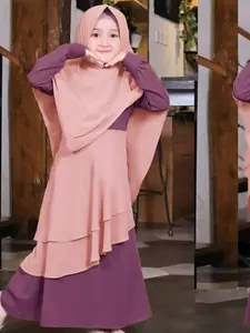 Girls Muslim Modesty Skirt Set, Long Sleeve Colorblock Ruffle Dress + Headscarf, Spring & Fall Kids Clothing, Two-Piece Hijabs