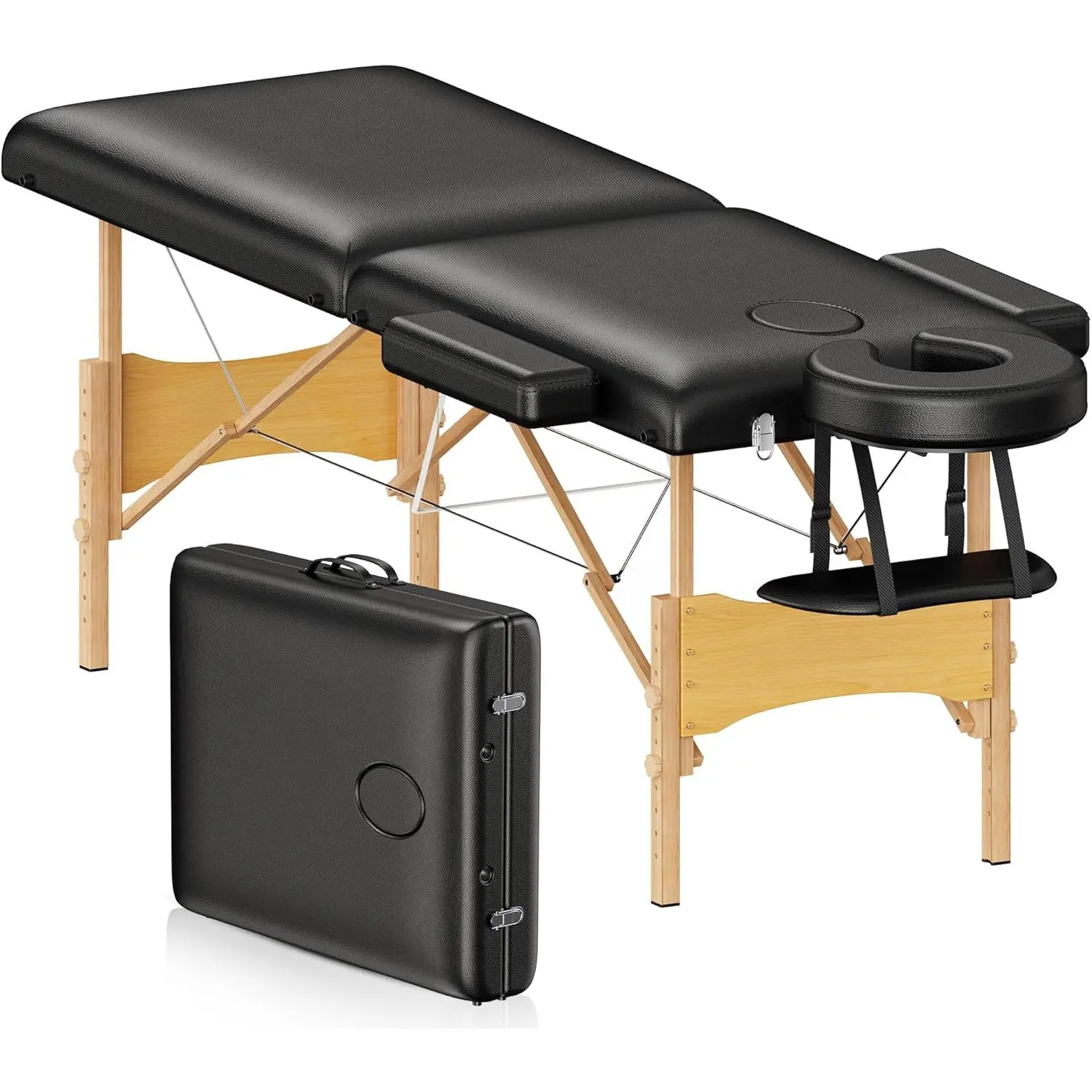 Portable 2-Fold Wooden Massage Table, 24" Wide Adjustable Height Spa Salon Equipment, Foldable Lash & Tattoo Bed (Black)