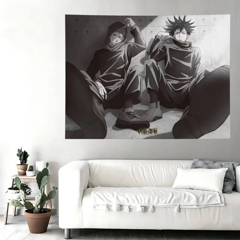 Jujutsu Kaisen Yuji Itadori & Megumi Fushiguro Black and White Wall Flag, Anime Manga Durable Decorative Tapestry Wall Hanging, Cool Aesthetic Modern Wall Decor for Teens