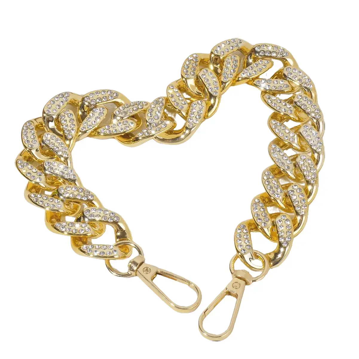 Faux Rhinestone Chunky Bag Chain Strap, Short Metal Cuban Link Purse Strap Extender with Lobster Clasps, Decorative Handbag Shoulder Chain Replacement for Tote, Clutch, Crossbody Bag, Gold or Silver, Approx. 14.6–15 in