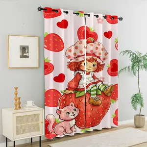 Cute Strawberry Girl Cartoon Print Window Curtains, Cute Strawberry Girl Blackout Curtains, 85% (2 pieces), Coquette Girly Window Drapes,     Girls Bedroom, Kids Toddler Room, Teen Room, Home Decor, Coquette Girly Bedroom Decor Gift for Girls