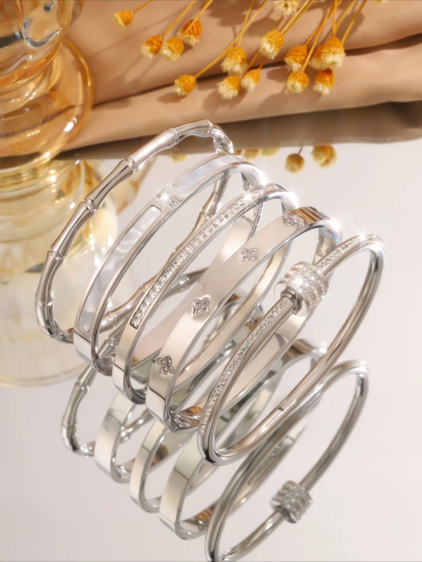 5pcs light luxury elegant stainless steel minimalist style bracelet set, suitable for daily commuting, is an excellent gift, Stainless Steel Bangle