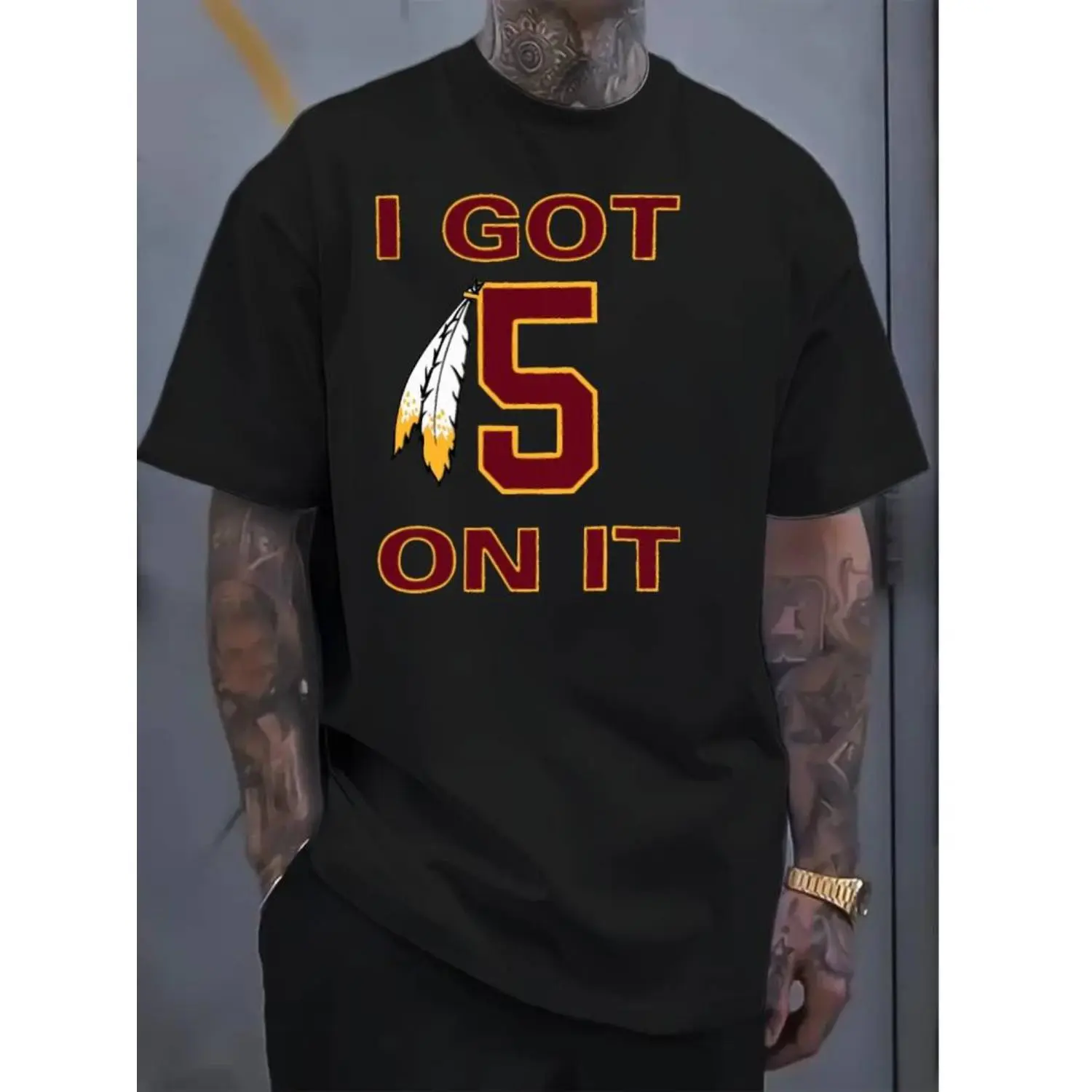 Men's "I Got 5 On It" Graphic Top - Classic Crew Neck, Short Sleeve, Snug Fitted Cut, Comfy Cotton Menswear with Washington Football Team Fun Sarcastic Art, Suitable Year-Round for Casual Attire, Outdoor Sports