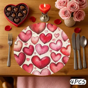 4pcs Cute Romantic ArtisticValentine's Day Placemats, Heart Pattern Pink Soft Brushstroke-38.1cm Round Polyester Washable Table Mats for Home,Banquet, Party Dining, Festive Place Settings, Romantic Table Setting, Valentine's Day decoration
