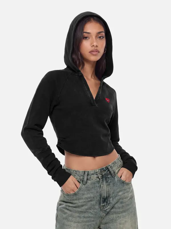 AELFRIC EDEN Women's Cute V-Neck Cropped Hoodie, Slim Fit Streetwear Pullover Top in 100% Cotton with Ruched Sleeves, Cute Tops, Tops For Women