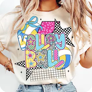 Preppy Volleyball Coquette Shirt for Women, Colorful Game Day Graphic Tee, Retro Star Checkered Volleyball Top, made in USA