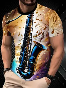 Men's Trendy Saxophone Music Notes 3D Print Short Sleeve T-Shirt 2026 Viral Street Jazz Lover Cool Pattern Fashion Casual Versatile Slim Fit Standard Bodycon Muscle Guy Four Seasons Essential Ins Net Red Same Handsome Top