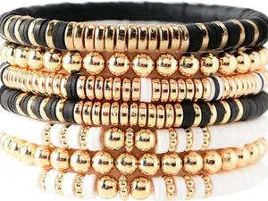 Surfer Heishi Clay Bead Bracelets for Women Bohemian Stackable Gold Beaded Stretch Bracelets Elastic Layering Friendship Bracelets Set Boho Jewelry