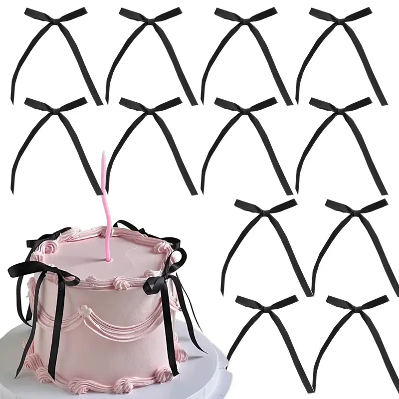 20 Pack Bow Cake Toppers Black Ribbons Bows for Cake Coquette Themed Bow Cupcake Toppers Black Bow Birthday Decorations for Baby Shower, Birthday, Wedding, Bachelorette, Valentines Day Decoration