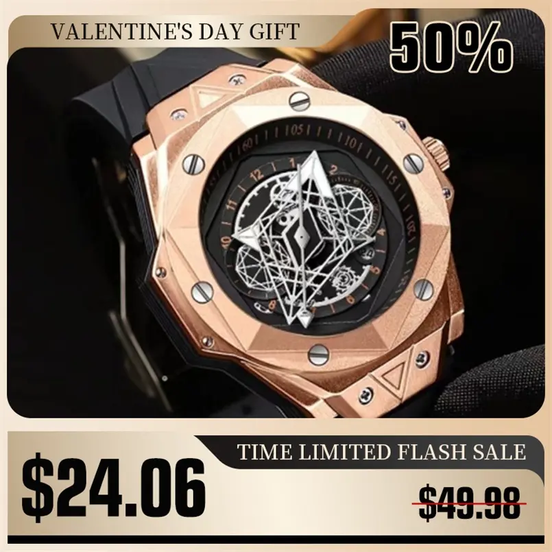 Men's Cool Multi-Function Sports Watch with Unique Luxury Hour Hand Design, Waterproof, Luminous Dial, Date Display, Fashionable Trendy Sports Watch, Gift Box Packaging