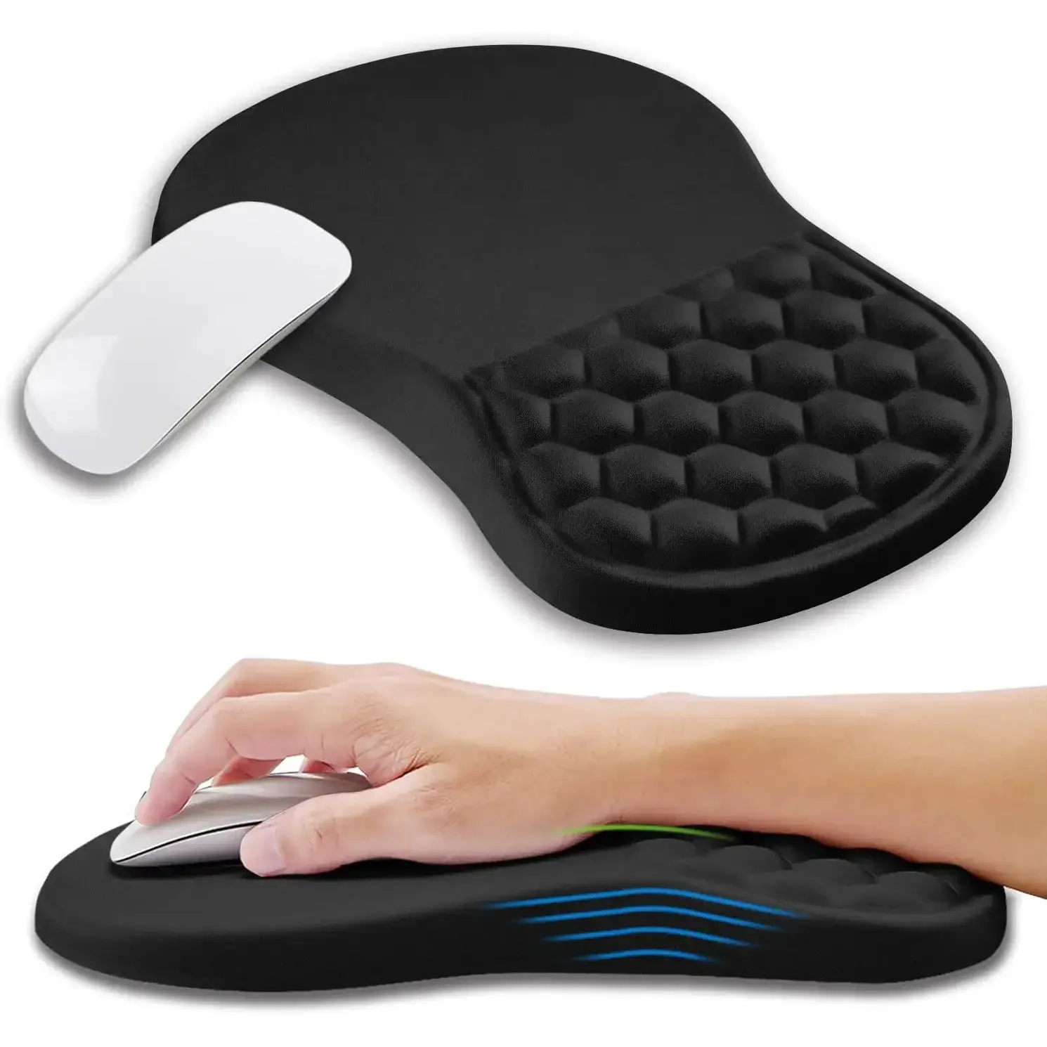 Ergonomic Memory Foam Mouse Pad with Wrist Support - Silky Fabric, Massage Bumps, Memory Foam Massage, Ergonomic 8-Degree Slope, Carpal Tunnel Pain Relief, Rectangular, 12x8 in, for Left-Handed or Right-Handed People (Black)