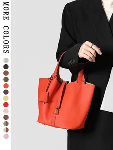 New Genuine Leather Bucket Bag for Women, Handbag 22cm, Casual Asymmetrical Design, All Seasons Use, Plain Pattern