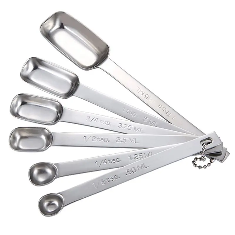 6PCS Sturdy Metal Stainless Steel Measuring Spoons Set - Long Handle Food Measuring Tool with Rectangular Design, Graduated Marks for Spice, Teaspoon, Coffee Measuring Needs