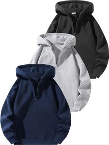 men's solid zip up hoodie, casual loose long sleeve hooded sweatshirt for daily wear, men's clothes for all seasons,  half zip hooded longsleeves menswear