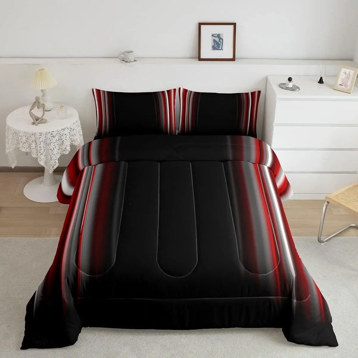 Abstract Ombre Designer Comforter - King Size Red White Black Luxury Bedroom Bedding Set, Reversible Black Quilt, Lightweight Breathable Duvet, Decorative Comfortable Bedding Set, Breathable Duvet Set