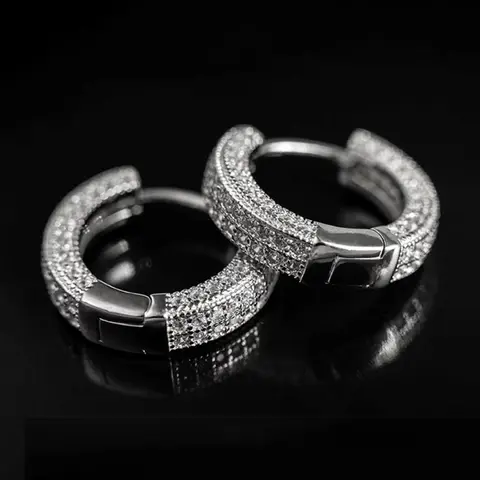 Unisex Hip Hop Hoop Earrings, Statement Hoops Earrings, Fashionable Hoop Earrings, Copper in Silver Color with CZ Pavé, Elegant Street Fashion Jewelry, Copper Zirconia, Cz Stones Earrings
