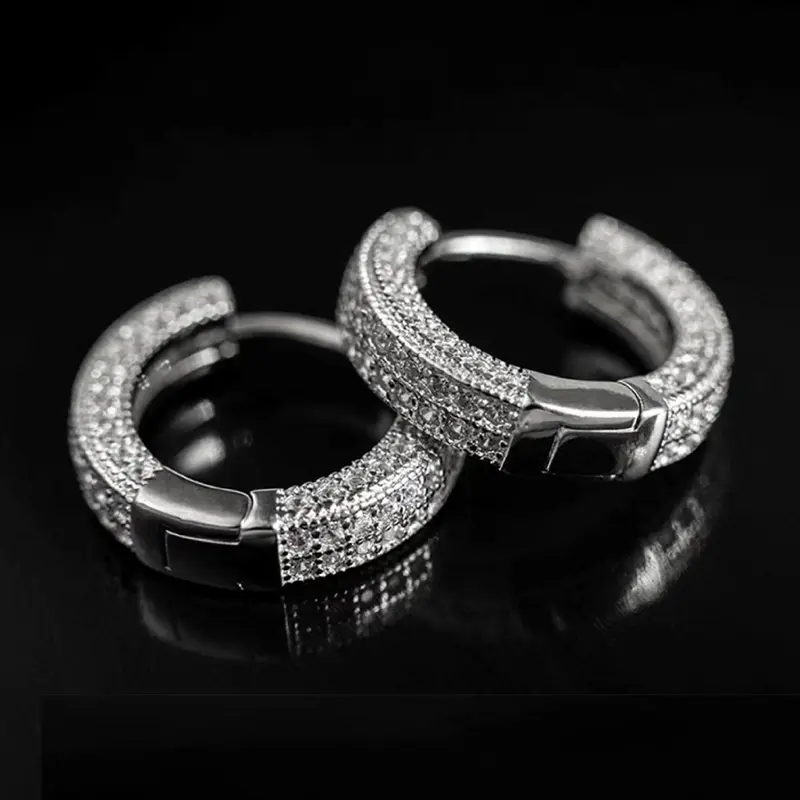 Unisex Hip Hop Hoop Earrings, Statement Hoops Earrings, Fashionable Hoop Earrings, Copper in Silver Color with CZ Pavé, Elegant Street Fashion Jewelry, Copper Zirconia, Cz Stones Earrings