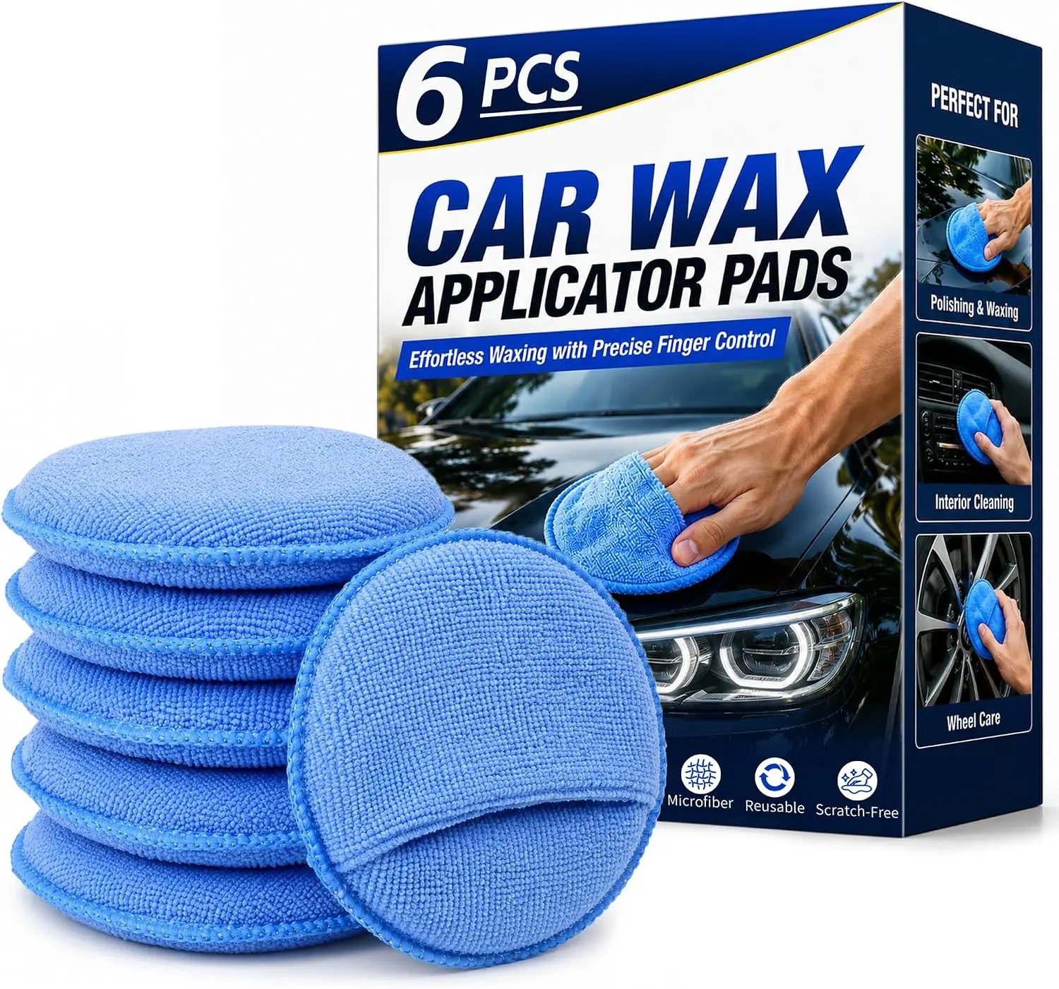 Car Wax Applicator Pads 6 Pack, Microfiber Foam Sponge Buffing Polishing Pads Finger Pocket for Car Detailing Waxing, Scratch-Free, Reusable & Machine Washable