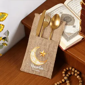 5pcs Ramadan Linen Tableware Bag Set, Linen Tableware Bag, Star Moon Pattern, Knife Fork Storage Bag (Not Included Table), Islamic Ramadan Party Supplies, Ramadan Party Decoration, Ramadan Home Decoration, Eid Al-Fitr Decoration, Eid Al-Adha, Celebration