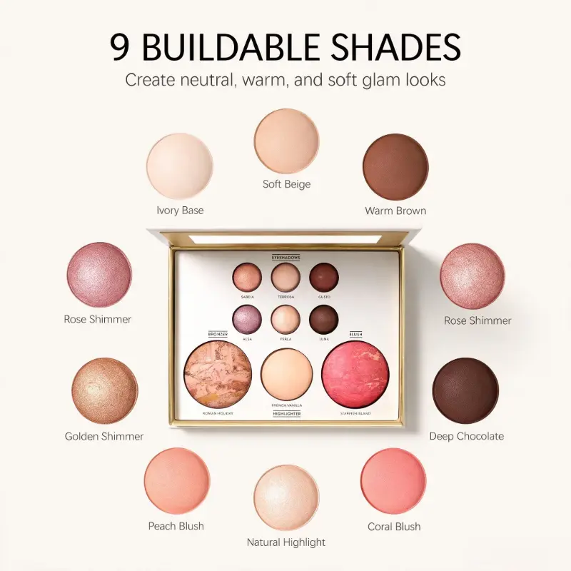 Gilded All-In-1 Multi-Use Makeup Palette - Long Lasting, Alcohol-Free, Water-Resist Cosmetic for Eyes/Face with Eyeshadow, Blush, Contour, Highlighting, Portable Glitter Shadow