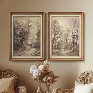 Vintage Forest Path Wall Art Set of 2, Rustic Woodland Prints, Antique Landscape Artwork for Living Room Decor