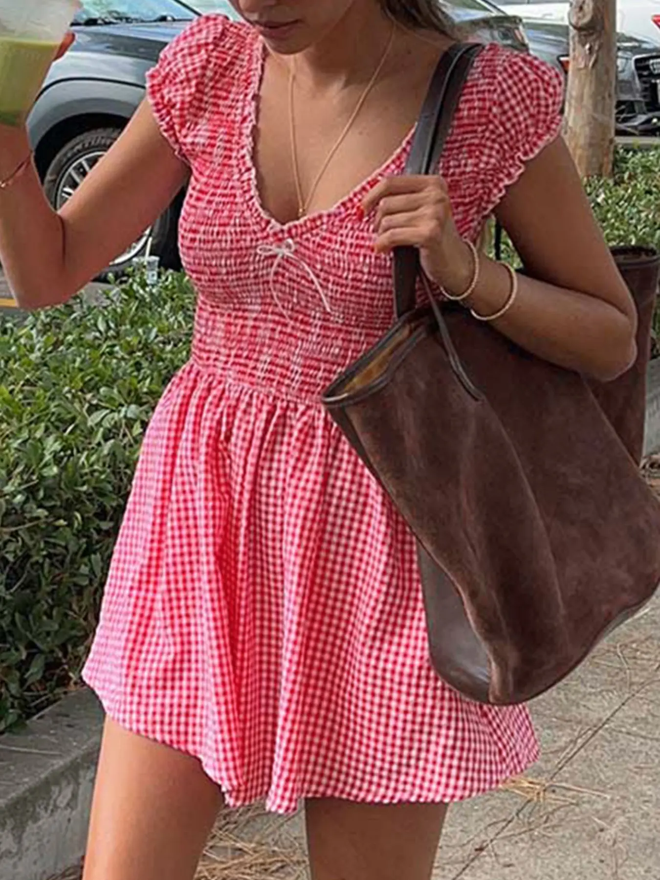 Plaid Short Sleeve Gathered Waist Summer Jumpsuit Dress Romper, Casual Style Jumpsuit, Women's Casual One-Piece, Comfortable, Lightweight, Breathable, Feminine and Stylish
