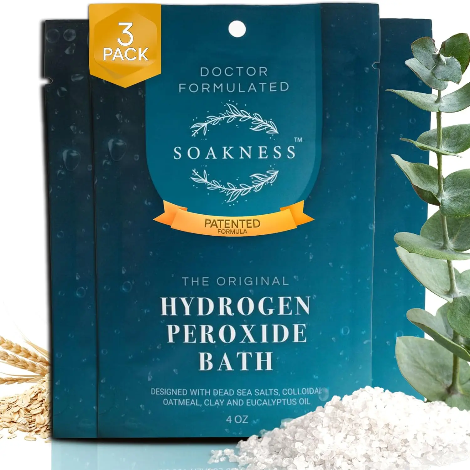Soakness Hydrogen Peroxide Epsom Salt Bath Soak - USA-Made, Patented, Doctor-Formulated Pure Magnesium Bath Salts for Muscle Recovery, Skin Detoxification (3-Pack)