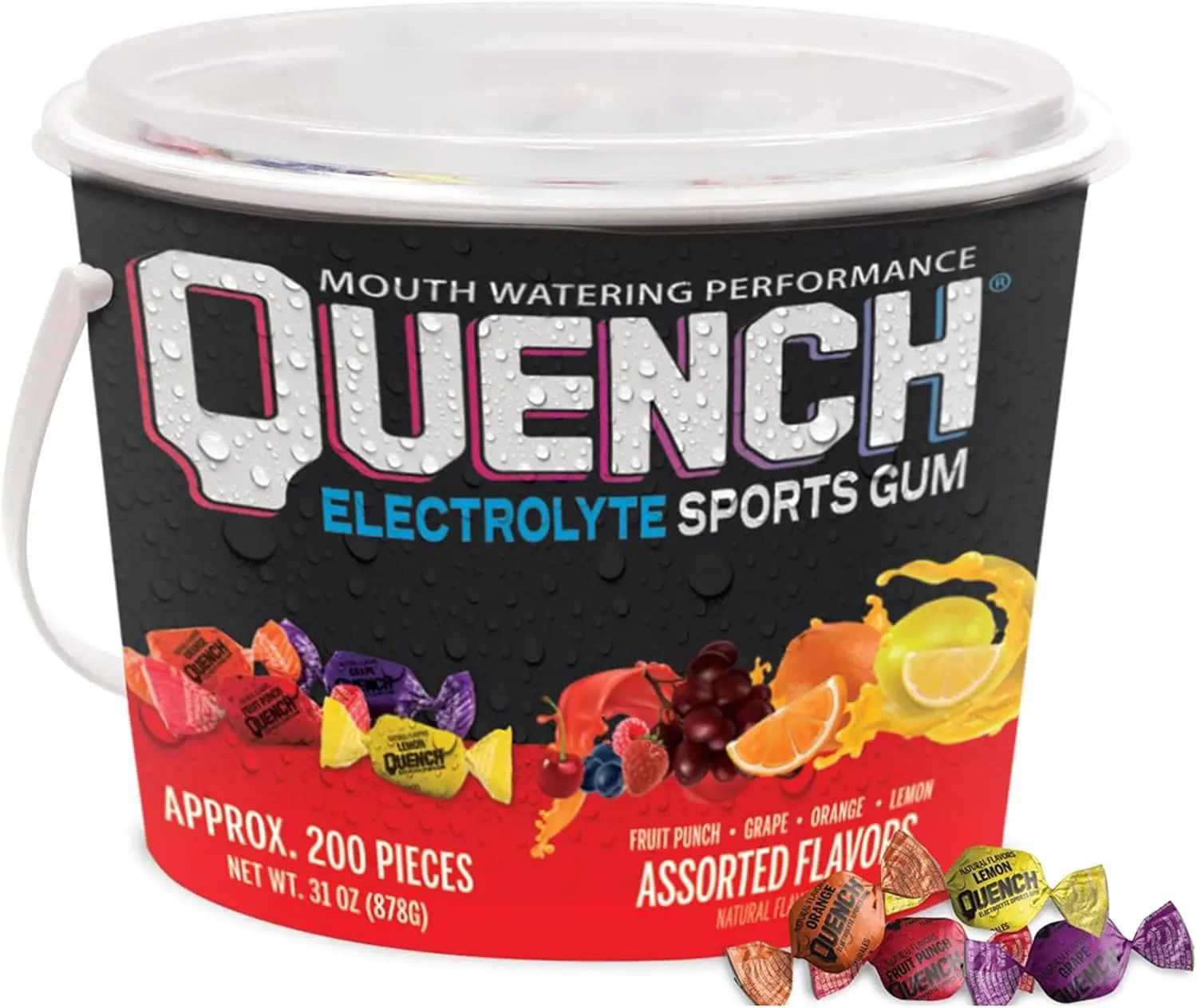 Pack 1 Quench Chewing Gum Bucket, Natural & Sour Fruit Variety Flavors, 200 Pieces