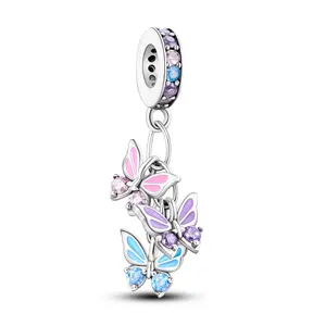 MULA 925 Silver-plated butterfly tassel pendant | Multicolor zircon and enamel charms | Nature style jewelry | Suitable for Pandora bracelets and necklaces | Elegant gift for women and girls