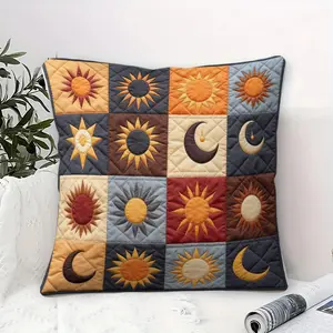 Sun and Moon Motif Patchwork Throw Pillow with Inner Cushion, 45cm Square,Zipper Closure, Vintage Patchwork Theme Throw Pillow, Soft Comfortable Decor for Bedroom & Sofa, Bohemian Soft Furnishings, Soft Padded Cushion