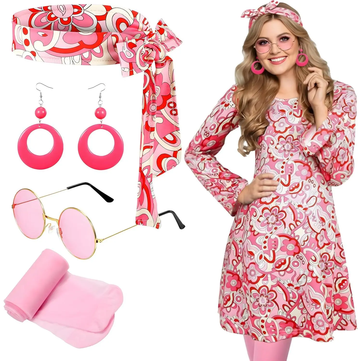 70s Hippie Costume for Women, 5-Piece Graphic Floral Dress Set with Matching Headband and Sunglasses for Disco Halloween Party Cosplay, Clothes, Lady, Round Neck, Hippie Look, Head Wrap, Authentic Hippie Costume