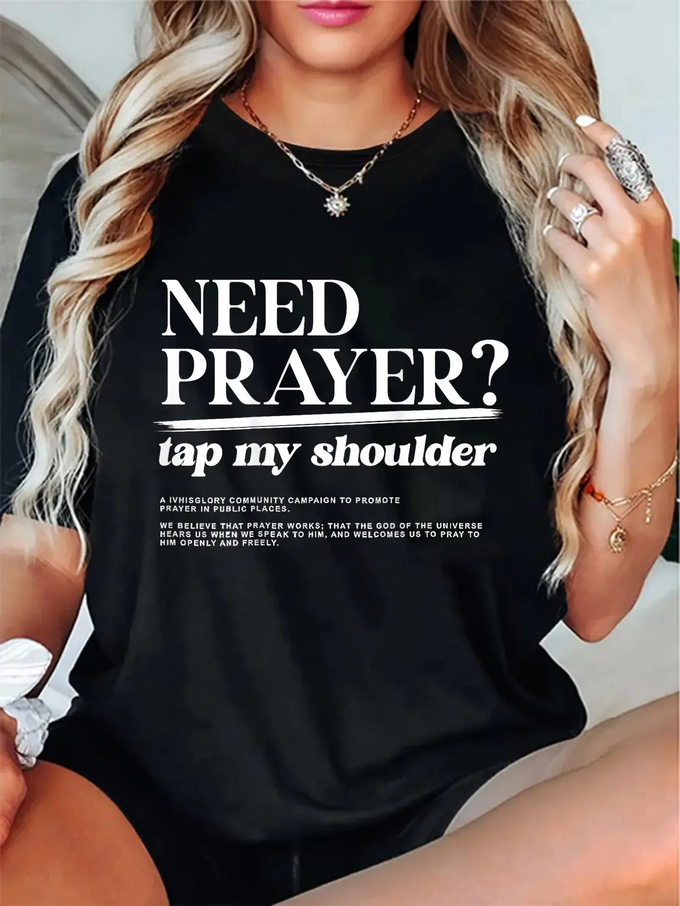 Men's 100% Cotton Short-Sleeve Casual Streetwear Graphic T-Shirt - Unisex "In His Glory Need Prayer Tap My Shoulder" Design for Everyday Wear, Shortsleeve, Round Neck, Tshirt