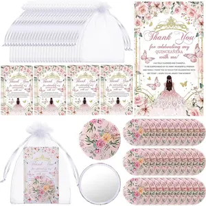 Yuntau 30 Sets Quinceanera Party Favors for Guests Floral Design Compact Pocket Mirrors Thank You Cards Organza Bags Wedding Decoration Sweet 15 Birthday P