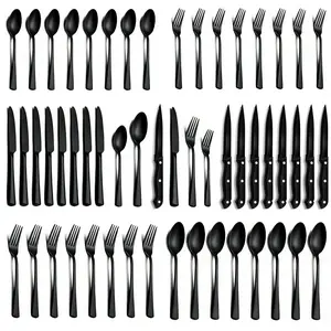 24/48 Piece Black Silverware Set with Steak Knives Flatware Tableware for Home Restaurants Hotels Weddings