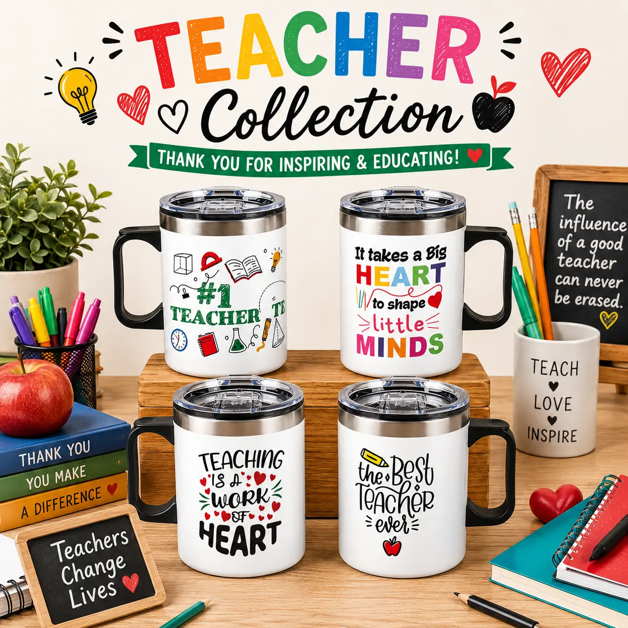 Stainless Steel Insulated Tumbler with Lid - 14 oz Teacher Appreciation Mug, Best #1 Teacher Gift Collection, Reuse