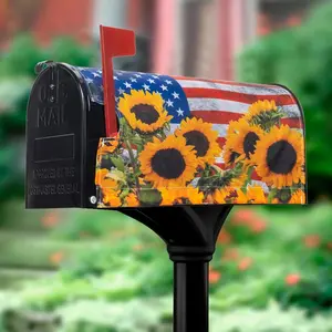 Patriotic Sunflower Magnetic Mailbox-Covers Spring-Summer American-Flag Mailbox-Cover Waterproof Oxford Mail Box Cover Quick-Dry Post Wraps Letter Box Cover 21"" x 18""