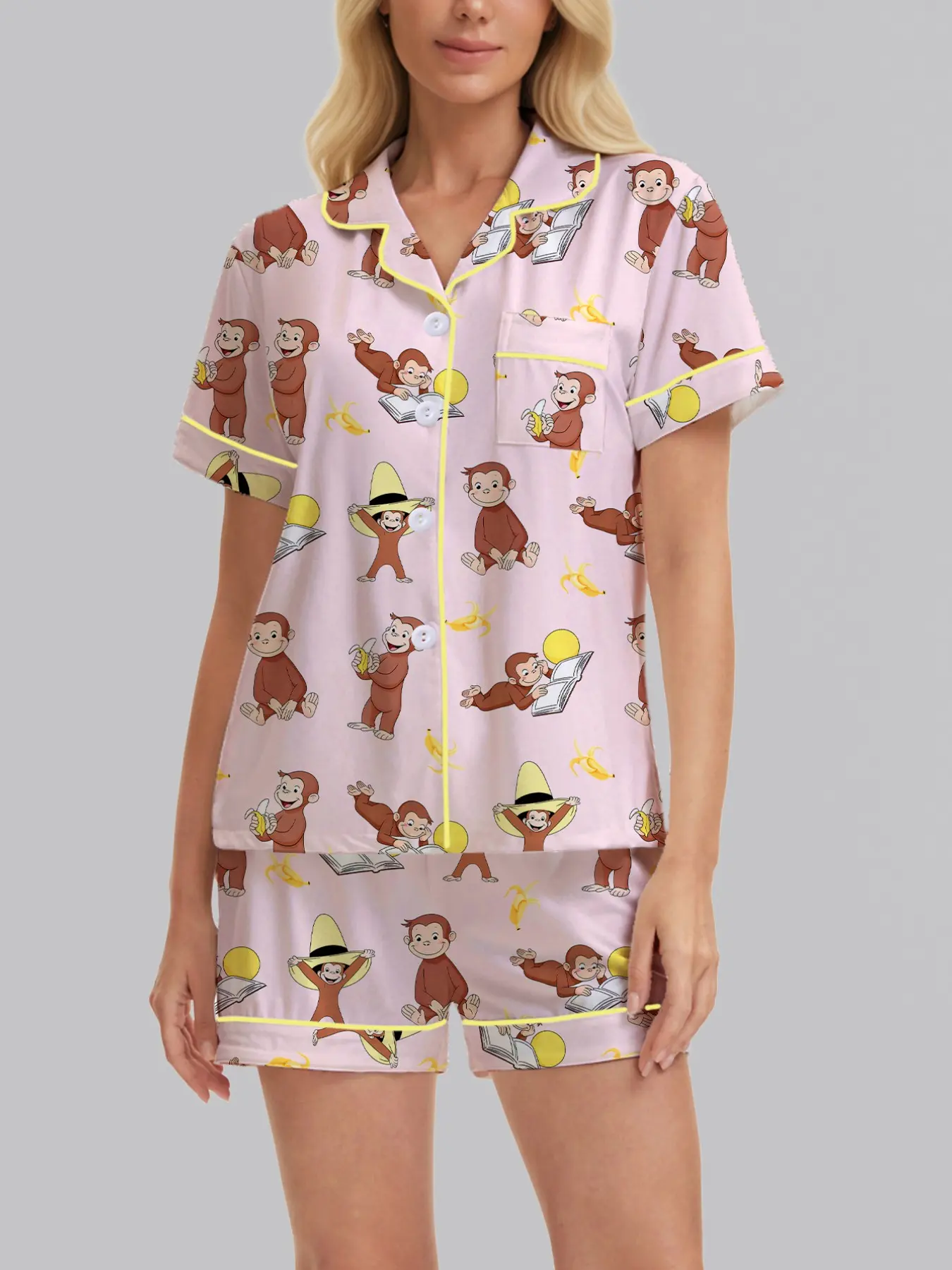 2-Piece Curious George Monkey Print Women's Cartoon Print Pajama Set Pjs, Soft Button-Up Short Sleeve Top with Loose Stretch Shorts, Cute Casual Sleepwear Loungewear for All Seasons