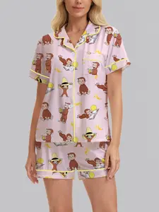2-Piece Curious George Monkey Print Women's Pajama Set Pjs, Soft Button-Up Short Sleeve Top with Loose Stretch Shorts, Cute Casual Sleepwear Loungewear for All Seasons